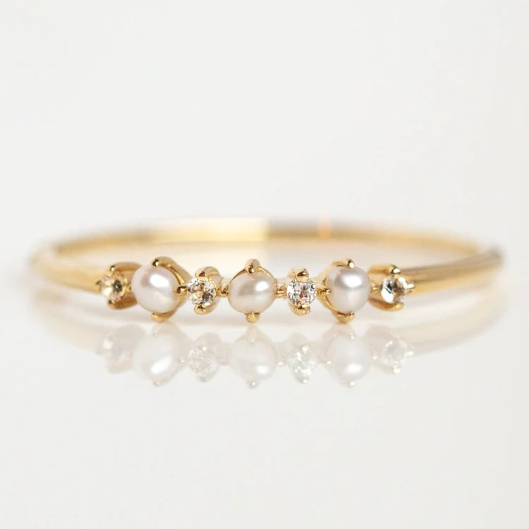 women’s trendy rings-Solid Gold Pearl Trio Ring