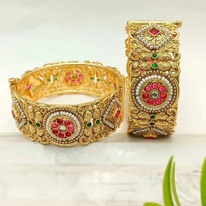 women’s classic gold bangles-FS Collection Gold Plated Pota Stone And Pearls Openable Bangle Set