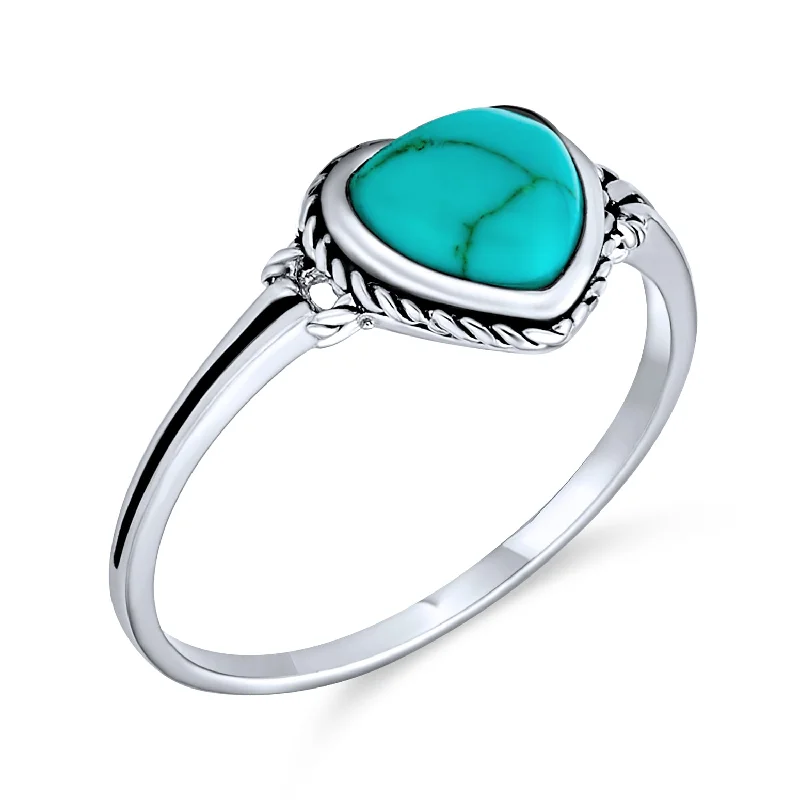 women’s silver rings-Silver Ring with Blue Stabilized Turquoise Heart Sterling December Birthstone