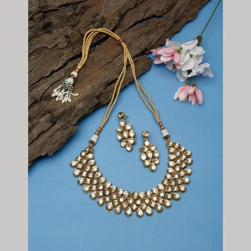 women’s silver necklaces-FS Collection Gold Plated Kundan Stone And Pearls Long Necklace Set