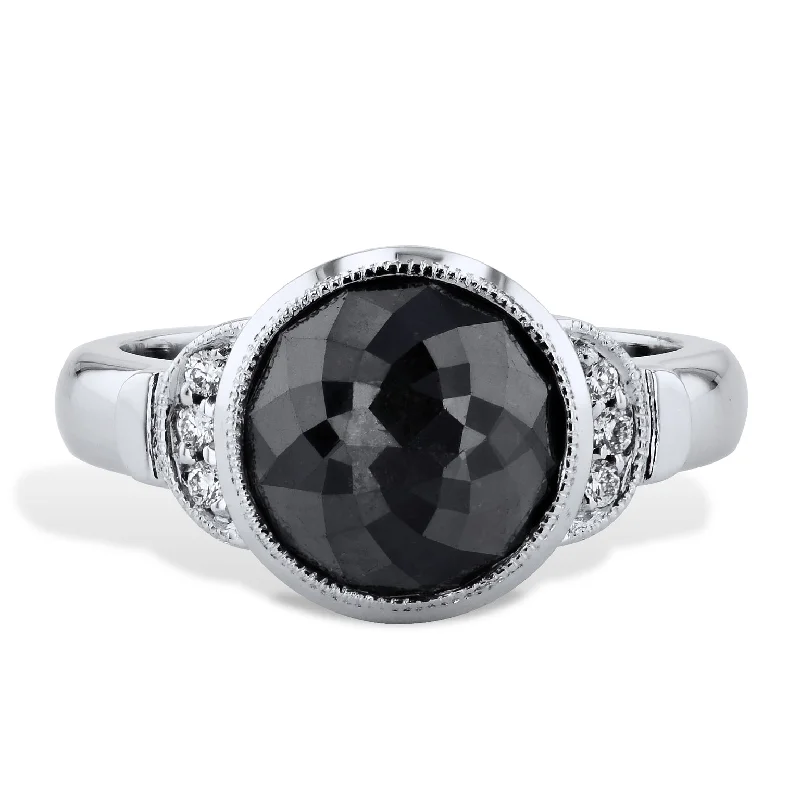 women’s infinity rings-Rose Cut Round Black Diamond Pave White Gold Ring