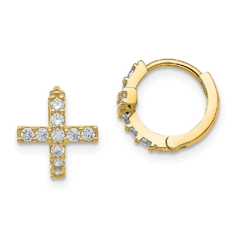 women’s elegant gold earrings-Madi K Kid's 14K  Polished CZ Cross Hinged Hoop Earrings