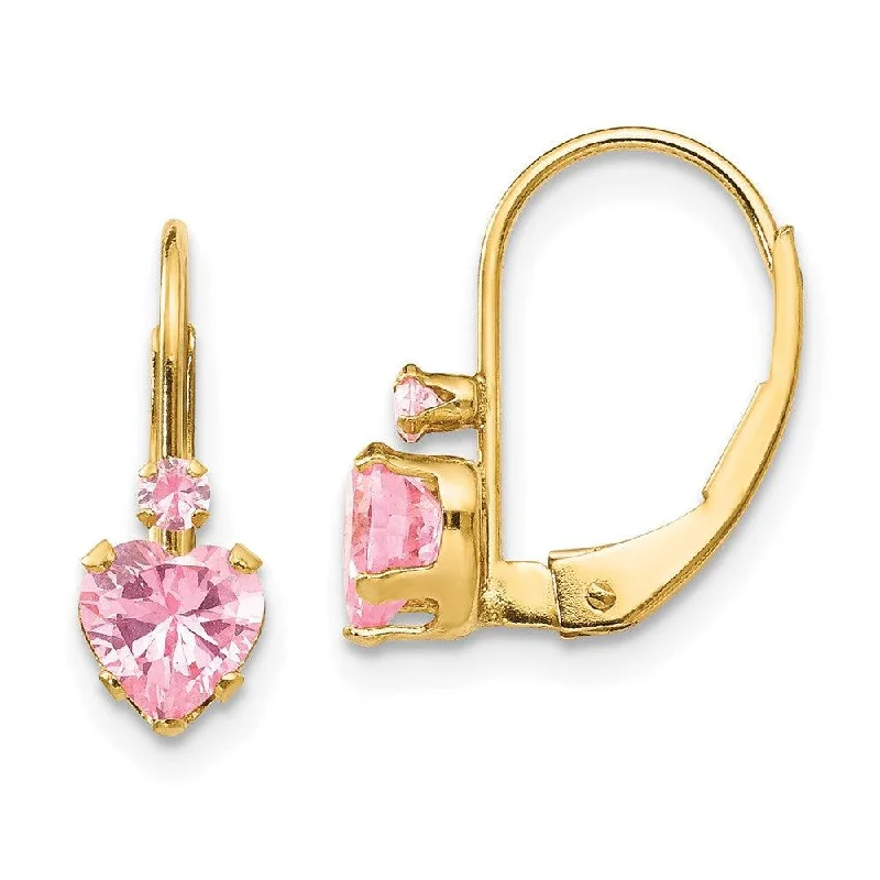 women’s sapphire earrings-Madi K Kid's 14k  Pink CZ Heart Leverback Earrings