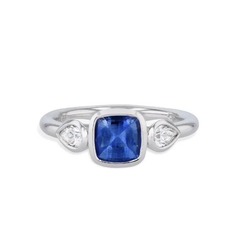 women’s stackable gold rings-Blue Sapphire and Pear Shaped Diamonds Platinum Ring