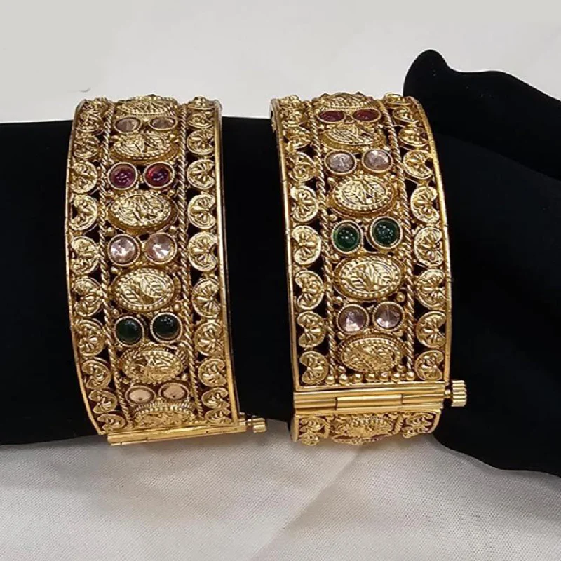 women’s affordable bangles-FS Collection Gold Plated Pota Stone Openable Bangle Set