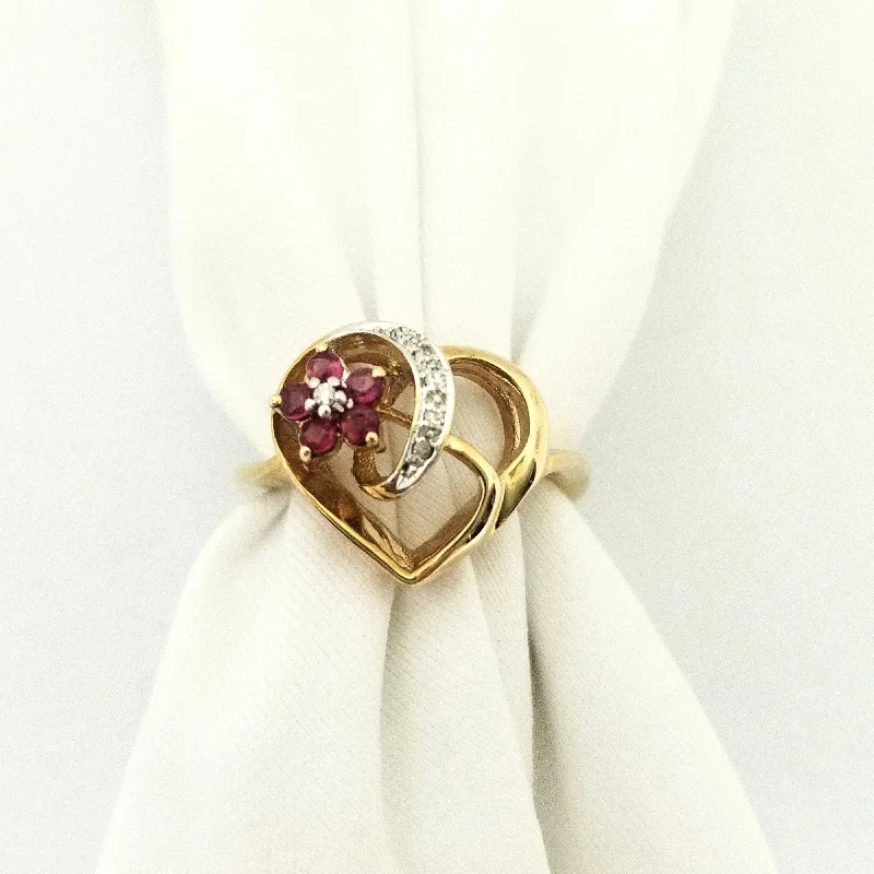 women’s round engagement rings-Heart Shaped Diamond Ring with a Ruby Flower