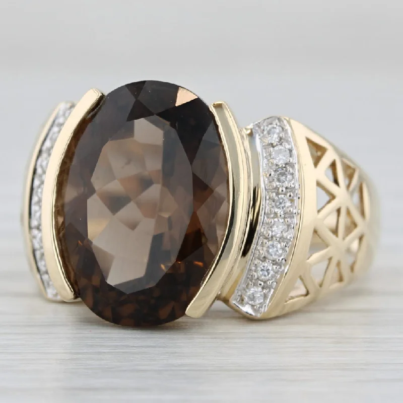 women’s round engagement rings-9.10ctw Smoky Quartz Diamond Ring 14k Yellow Gold Size 9.25