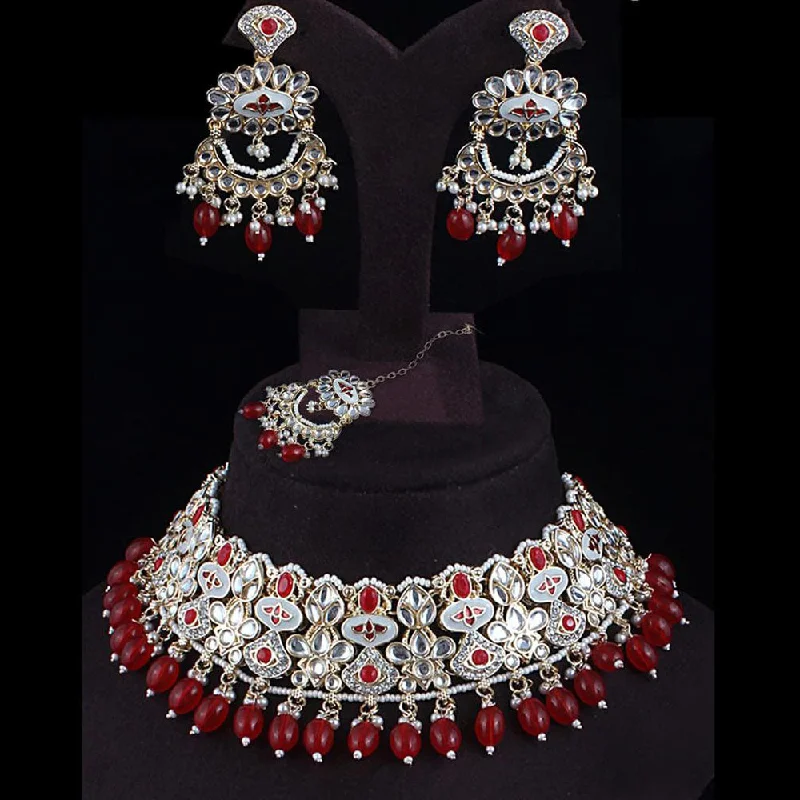 women’s luxurious chain necklaces-Rudraksh Art Gold Plated Kundan Stone And Beads Meenakari Choker Necklace Set