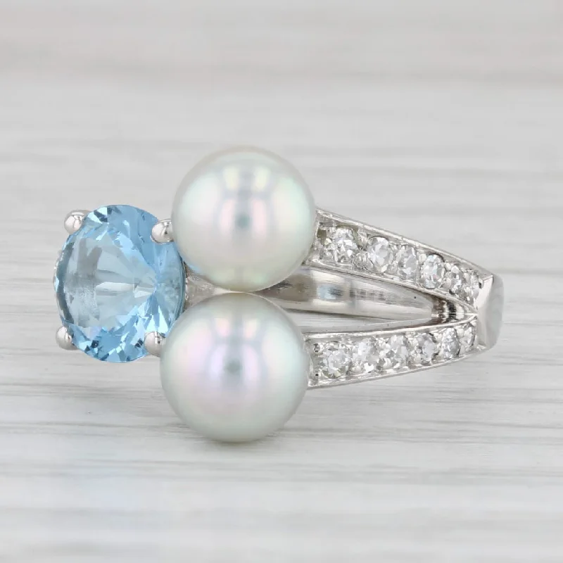 women’s minimalist engagement rings-Cultured Pearl 1.63ctw Blue Topaz Diamond Ring Platinum Size 6.5