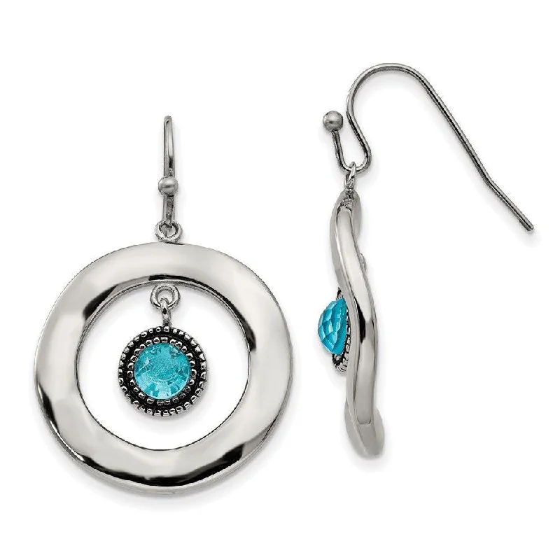 women’s stud earrings-Stainless Steel Polished Wavy Circle Blue Glass Earrings