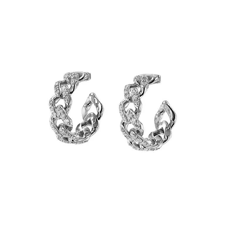 women’s fashion stud earrings-Pave Diamond Chain Link Huggie Hoop Earrings  E0000486