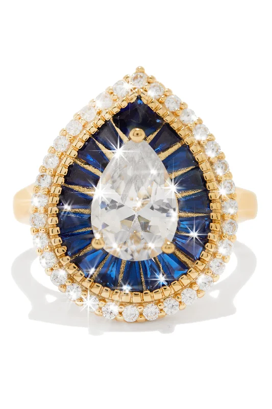 women’s cocktail rings for women-Ice Queen Gold Plated CZ Tear Drop Ring - Gold/Blue