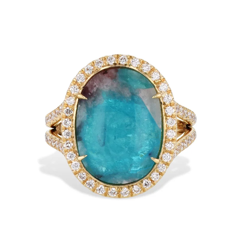 women’s statement rings-Oval Paraiba Tourmaline Cabochon Diamond Yellow Gold Ring