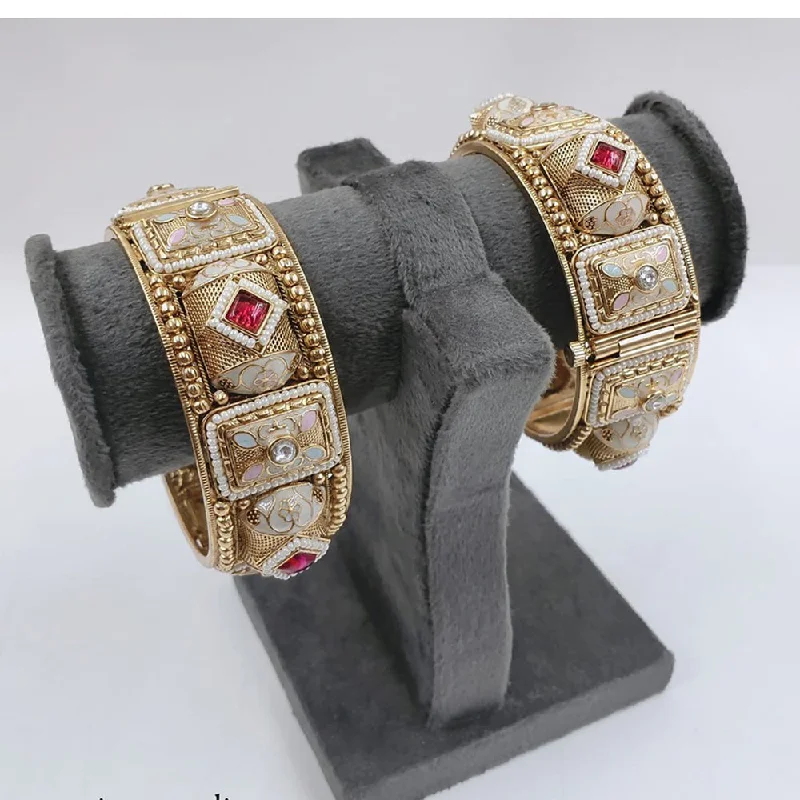 women’s gold cuff bracelets-Akruti Collection Gold Plated Pota Stone Openable Bangles Set