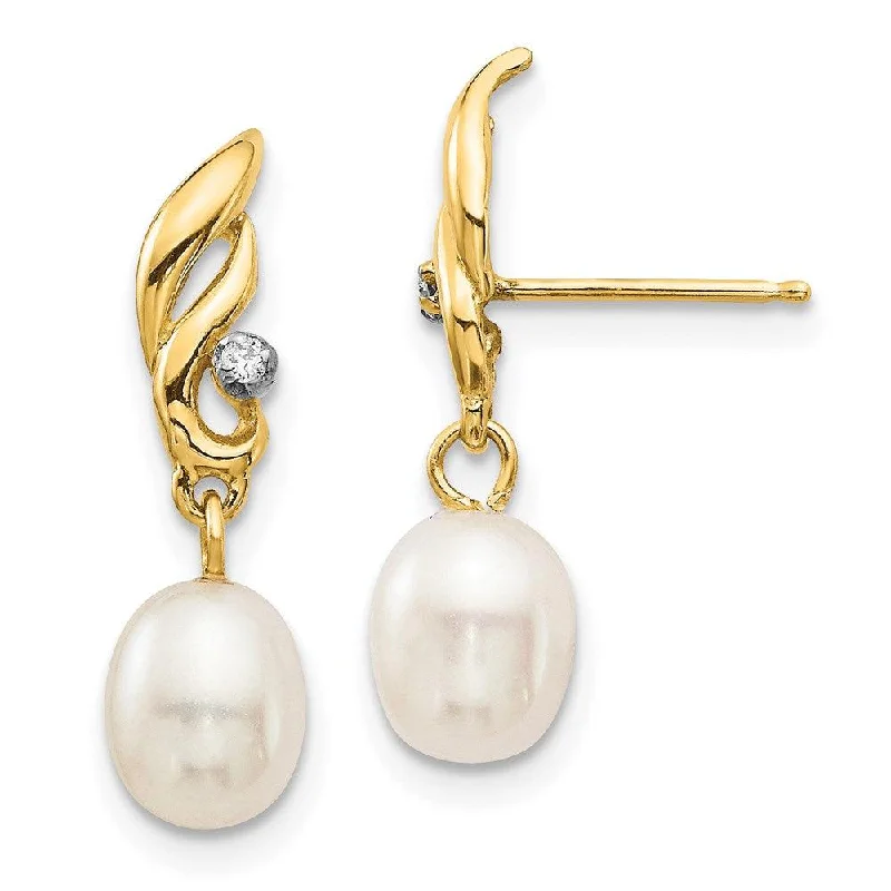 women’s colorful gemstone earrings-14K 5-6mm White Rice FW Cultured Pearl .02ct Diamond Dangle Earrings