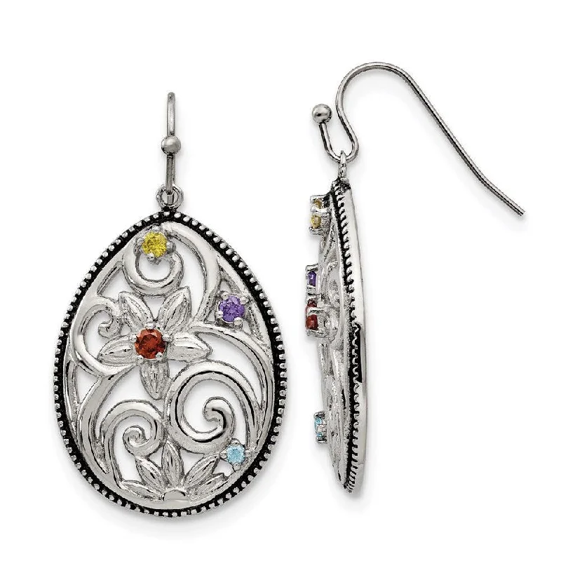 women’s affordable diamond earrings-Stainless Steel Polished/Antiqued Multicolor CZ Earrings