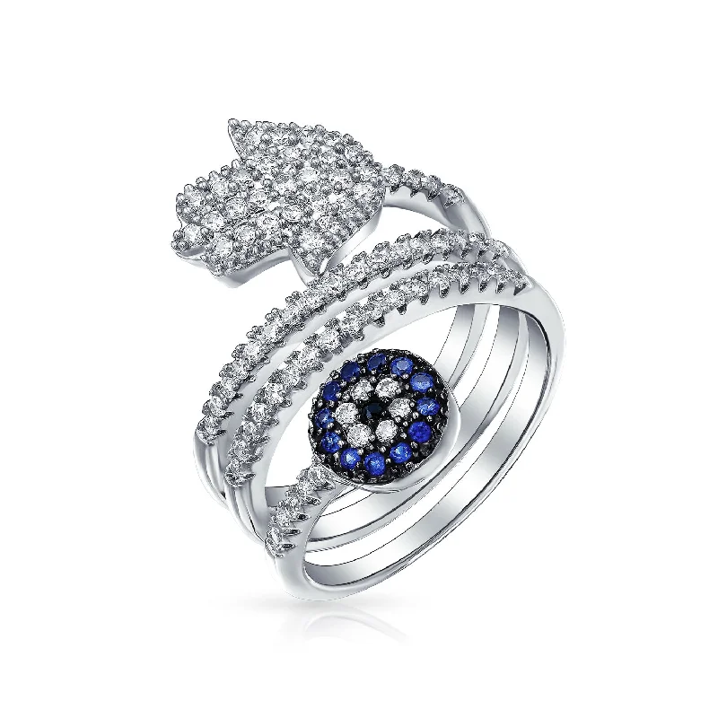 women’s multi-stone rings-Amulet Talisman Blue CZ Cocktail Statement Ring with Hamsa Evil Eye Design