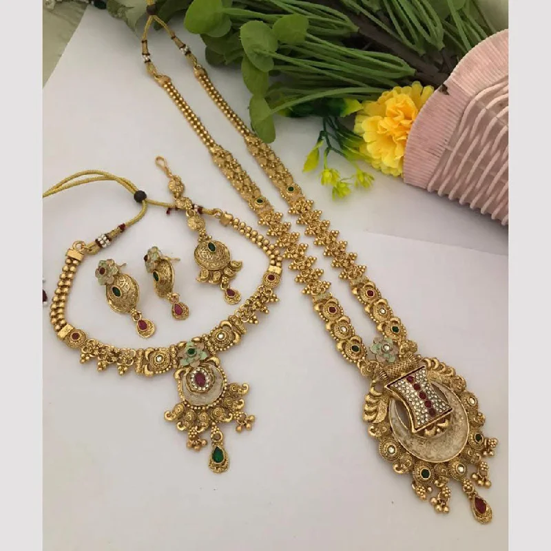 women’s multi-chain necklaces-FS Collection Gold Plated Pota Stone And Meenakari Double Necklace Set