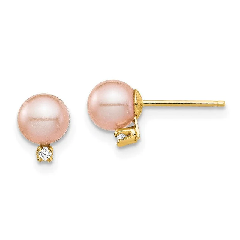 women’s casual earrings-Madi K Kid's 14K  5-6mm Pink Round FW Cultured Pearl .02ct Diamond Post Earrings