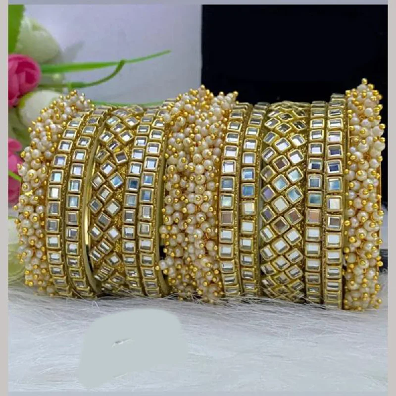 women’s delicate bracelets-FS Collections Gold Plated Mirror And Pearls Bangles Set