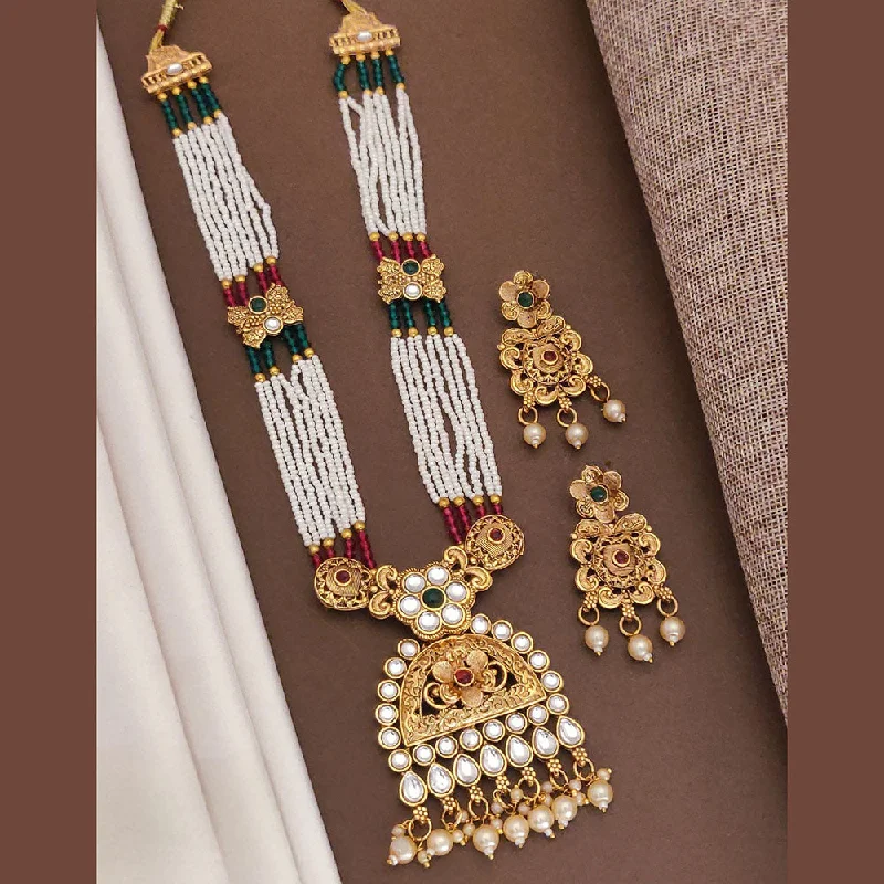 women’s bridal necklaces-Akruti Collection Gold Plated Pota Stone And Pearls Long Necklace Set