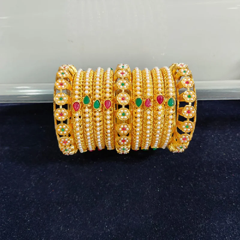 women’s luxury bangles-Pooja Bangles Gold Plated Pearl And Pota Stone Bangle Set