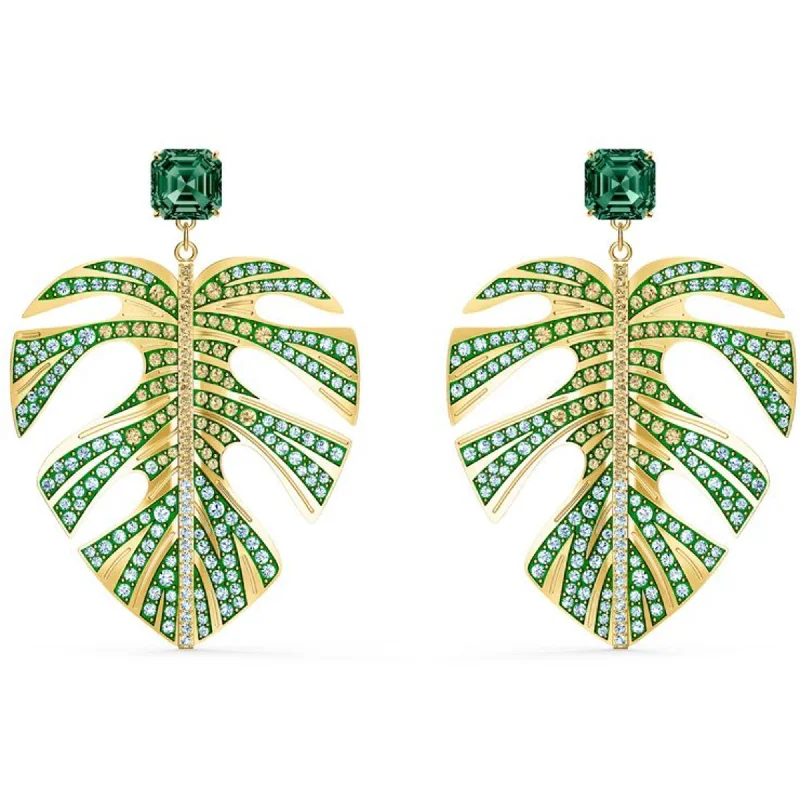 women’s black diamond earrings-Swarovski Women's Earrings - Tropical Leaf Green Yellow Gold Plated | 5525242