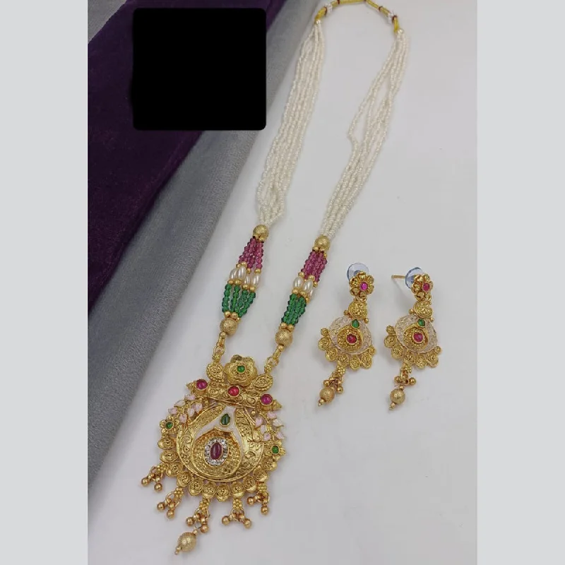 women’s gemstone heart necklaces-Manisha Jewellery Gold Plated Pota Stone And Pearls Meenakari Long Necklace Set