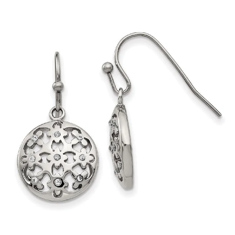 women’s statement earrings-Stainless Steel Polished CZ Circle Shepherd Hook Earrings