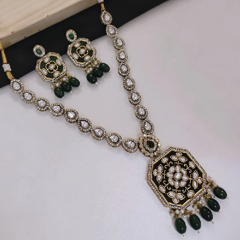 women’s vintage gold necklaces-Lucentarts Jewellery Gold Plated Kundan Stone And Beads Necklace Set