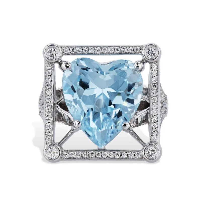 women’s cocktail rings-Heart Cut Blue Topaz Diamond Pave Ring