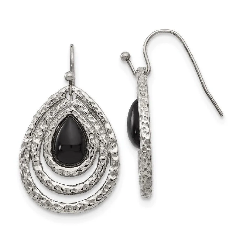 women’s gemstone earrings-Stainless Steel Polished Black Onyx Shepherd Hook Earrings