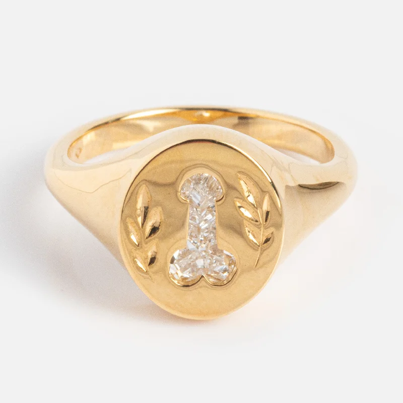 women’s heart-shaped rings-Statement Signet Ring with a F U Diamond and Hand Engraving