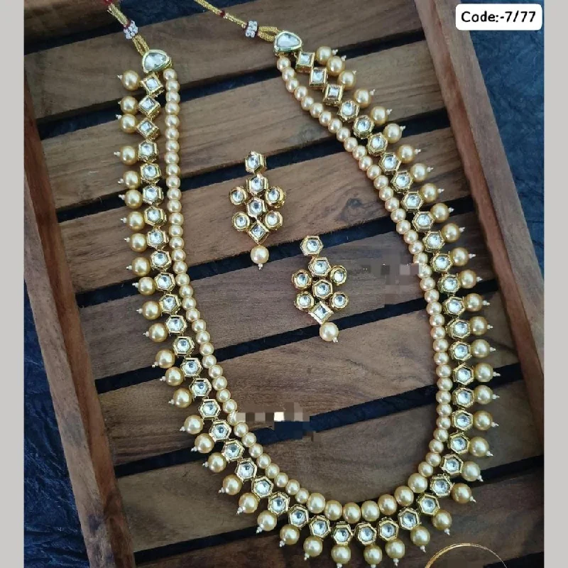 women’s personalized necklaces-FS Collection Gold Plated  Kundan Stone And Pearls Long Necklace Set