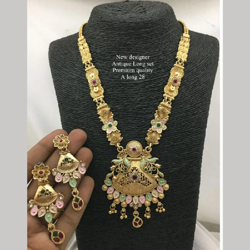 women’s custom-made necklaces-FS Collection Antique Gold Plated Pota Stone And Pearls Long Necklace Set