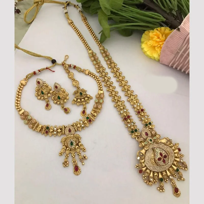 women’s adjustable gold necklaces-FS Collection Gold Plated Pota Stone And Meenakari Double Necklace Set