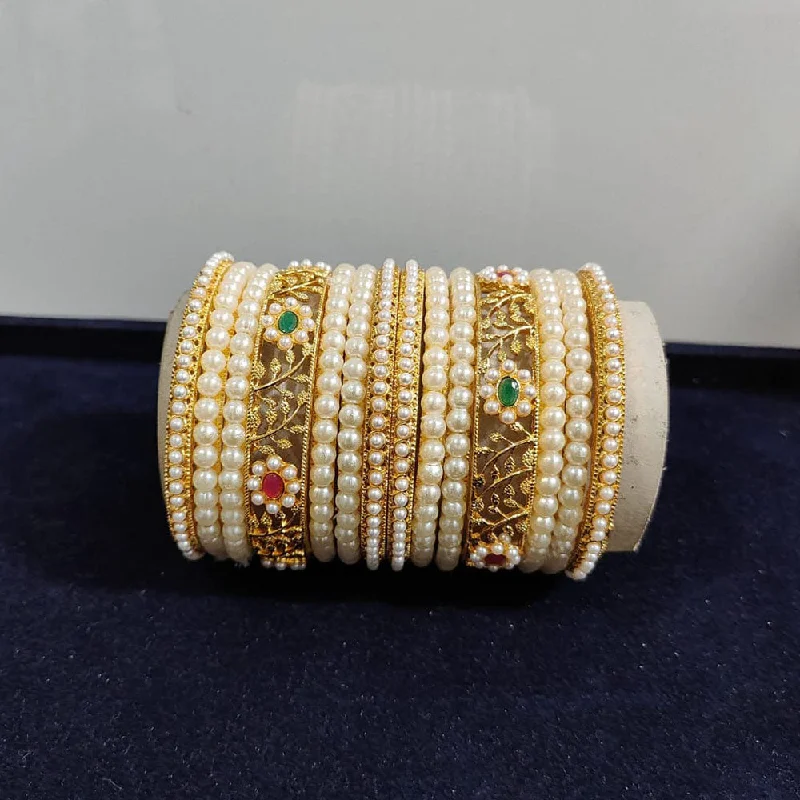 women’s trendy bracelets-Pooja Bangles Gold Plated Crystal Stone And Pearls Bangles Set