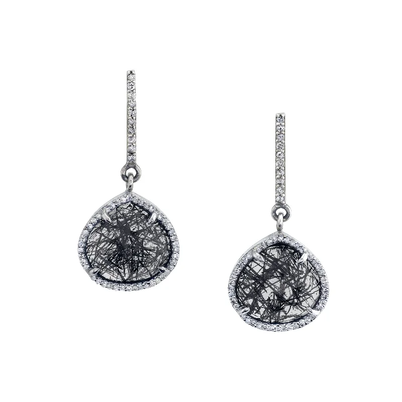 women’s dangling earrings-Black Tourmalinated Quartz Drop Earrings  E0000155