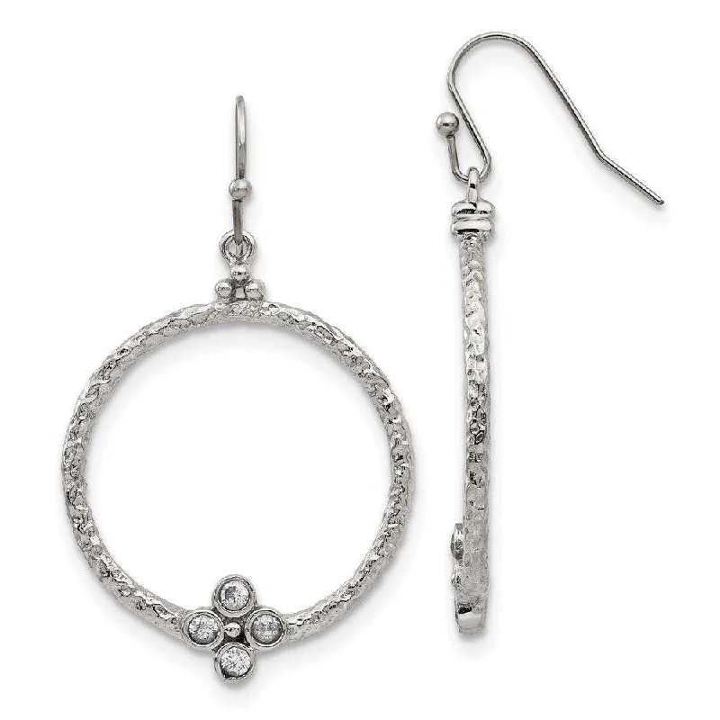 women’s crystal earrings-Stainless Steel Polished/Textured CZ Shepherd Hook Earrings