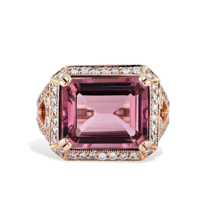 women’s vintage engagement rings-Emerald Cut Pink Tourmaline Diamond Rose Gold Ring