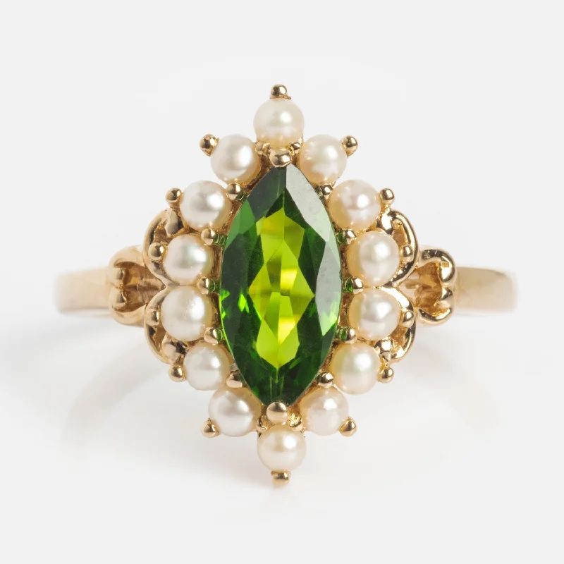 women’s handmade rings-14k Opulent Green Diopside and Pearl Marquise Ring