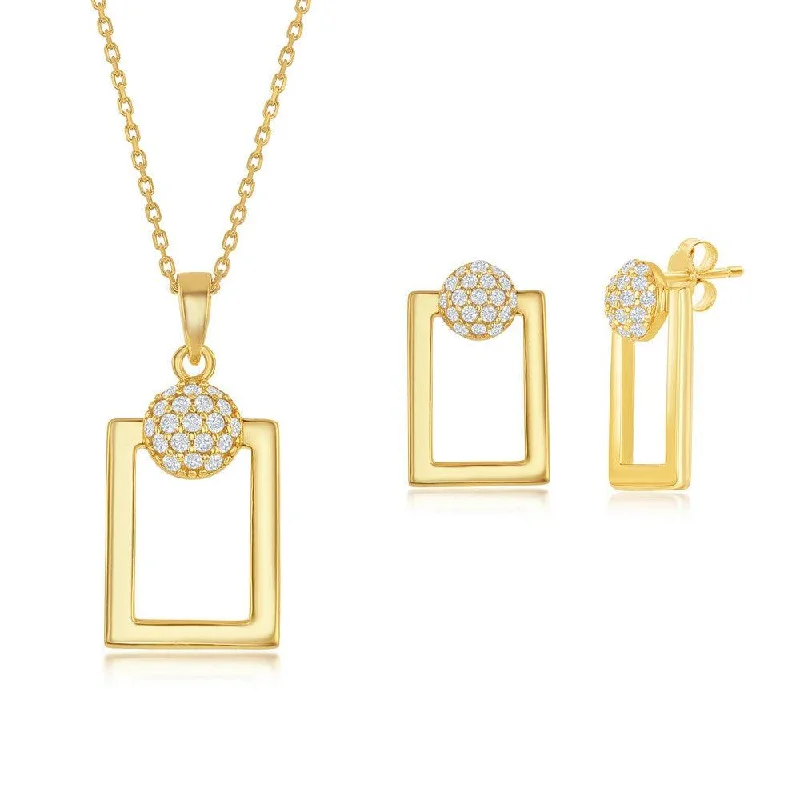 women’s gold chandelier earrings-Sterling Silver Round Micro Pave CZ Open Rectangle Pendant & Earrings Set With Chain - Gold Plated