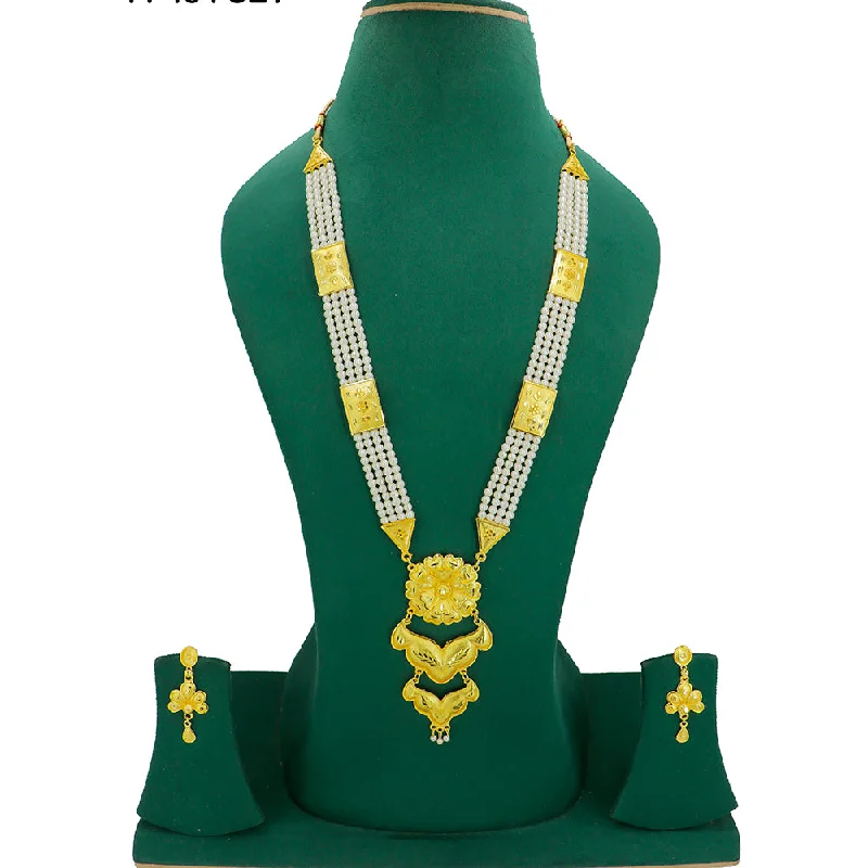 women’s geometric necklaces-Mahavir Gold Plated Pearls Long Necklace Set