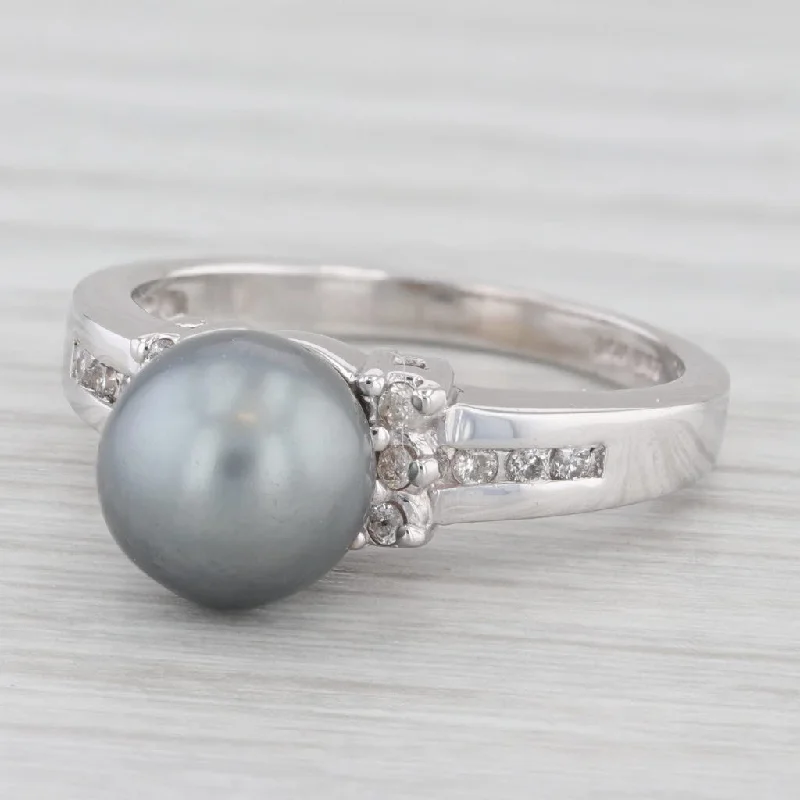 women’s minimalist engagement rings-Grey Cultured Pearl Diamond Ring 10k White Gold Size 6.75