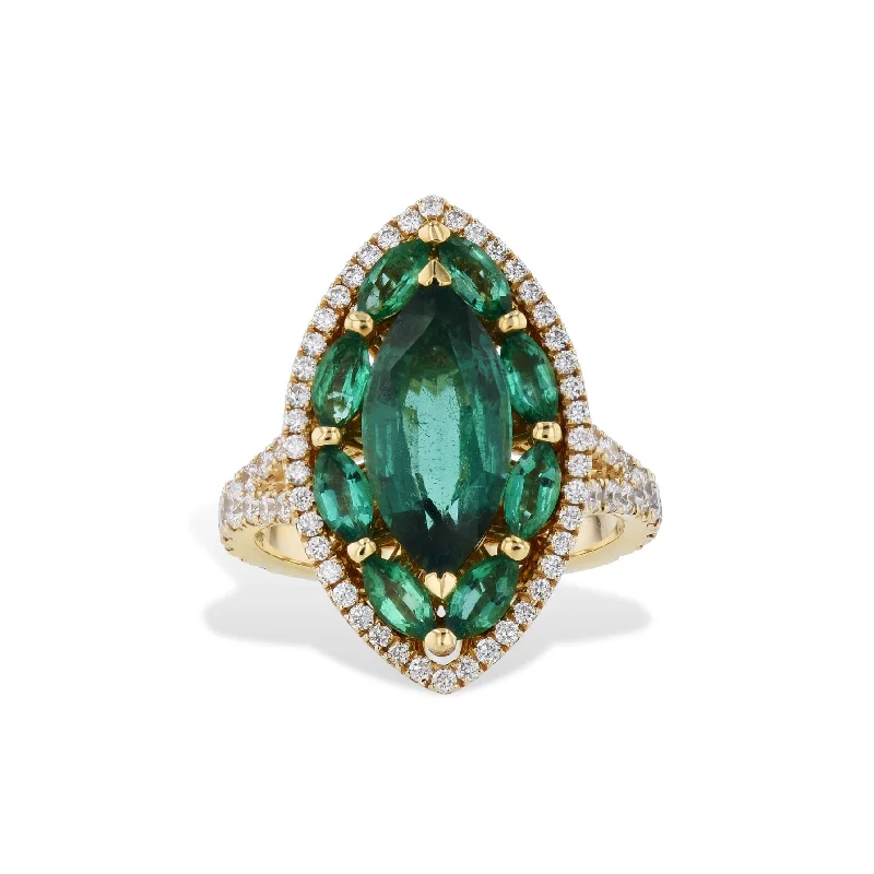 women’s fashion rings-Marquis Zambian Emerald Yellow Gold Ring