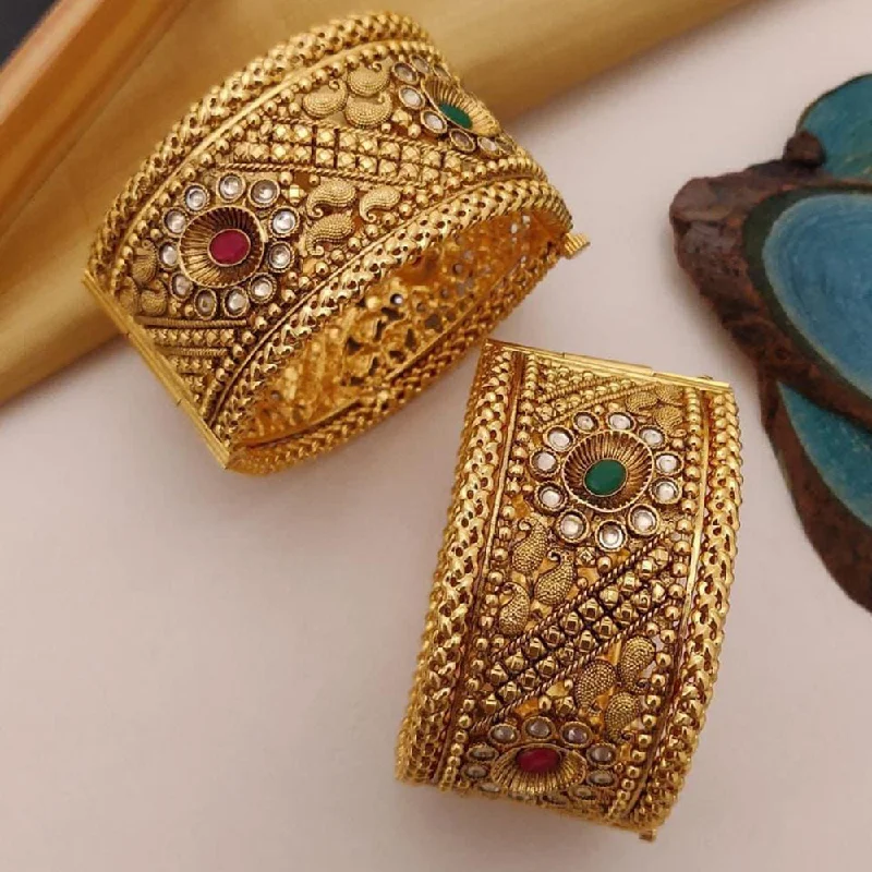 women’s antique bangles-FS Collection Gold Plated Pota Stone Openable Bangle Set