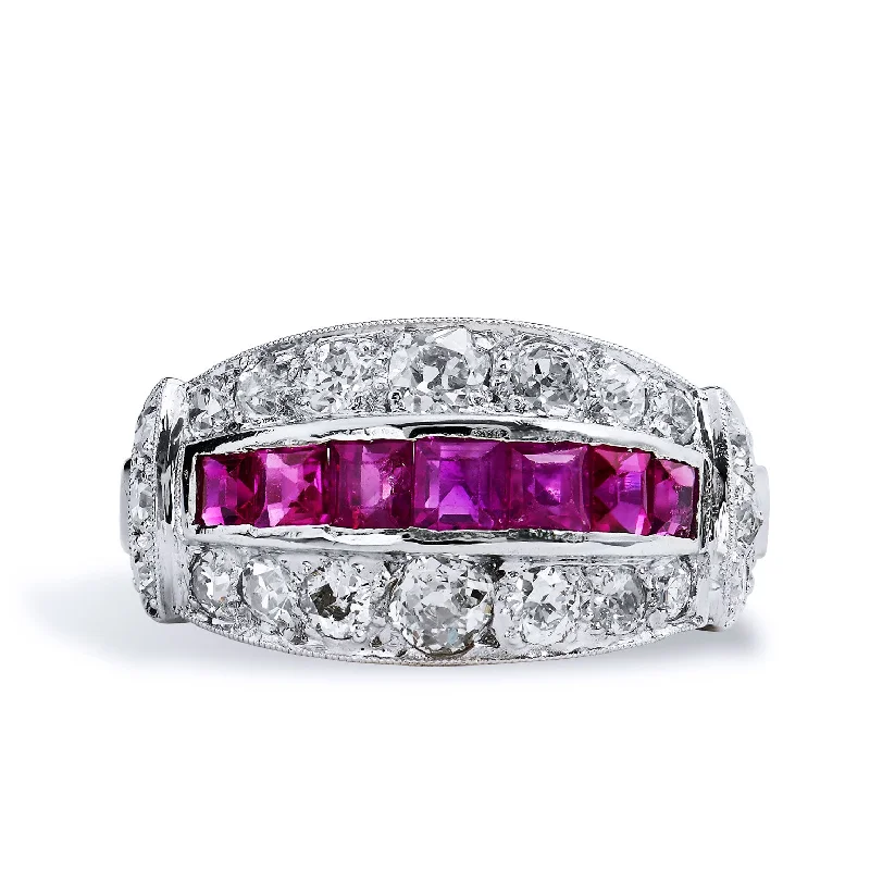 women’s minimalist rings-Ruby Diamond Pave Set Platinum Ring