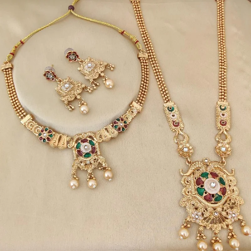 women’s gemstone necklaces-FS Collection Gold Plated Pota Stone And Meenakari Double Necklace Set