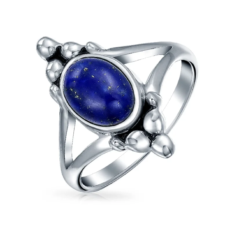 women’s fancy diamond rings-Boho Bali Style Silver Ring with Blue Lapis Lazuli Gemstone and Split Shank Band