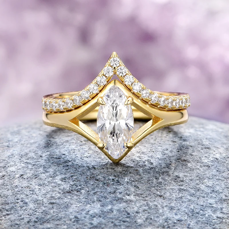 women’s stunning engagement rings-Marquise Cut Diamond Ring Set- 14K Solid Yellow Gold